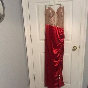 Gold and red silt and sequin long formal dress